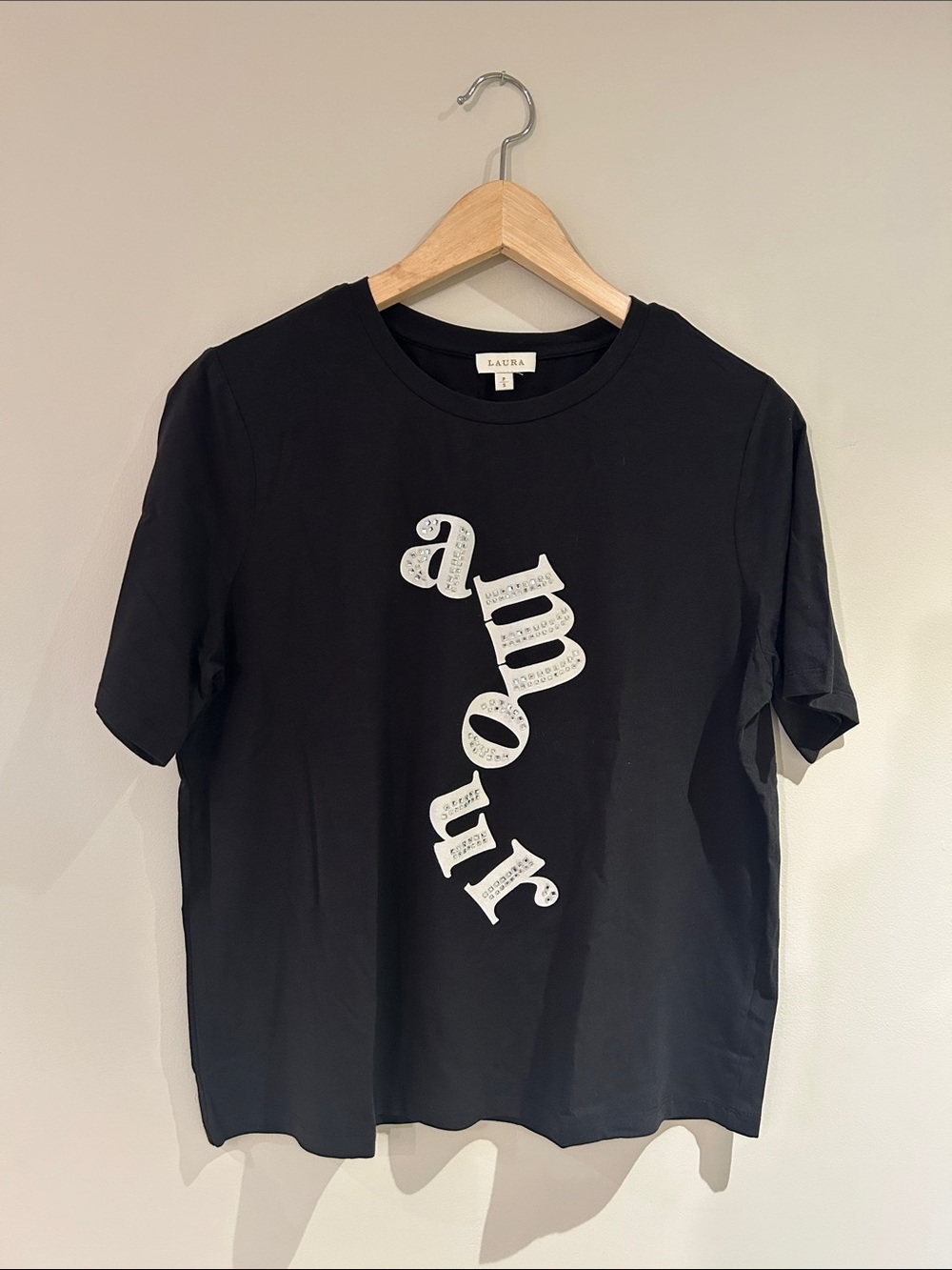Laura Black Short-Sleeve Tee with White 'amour' Graphic